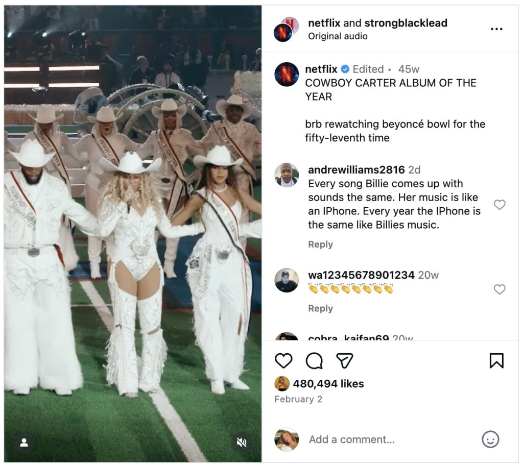 Displays the #1 most-viewed video on Instagram: Cowboy Carter winning Album of the Year 