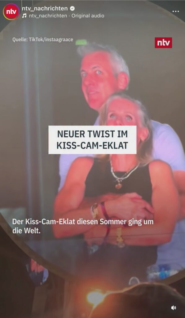 TikTok screenshot of viral Coldplay kiss cam moment. 