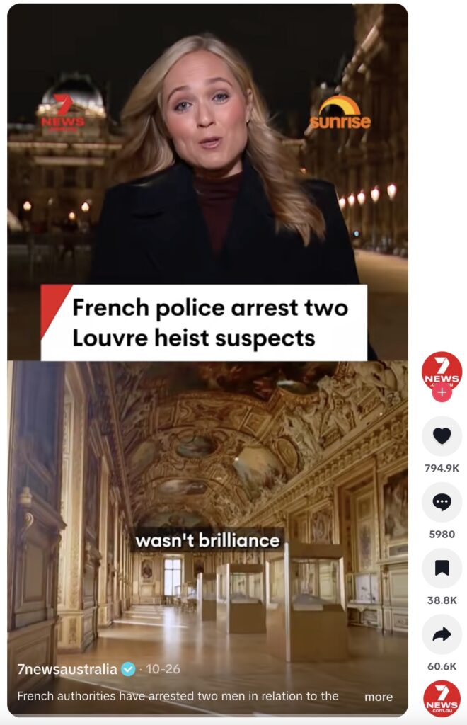 Screenshot of Louvre Heist being reported on via TikTok