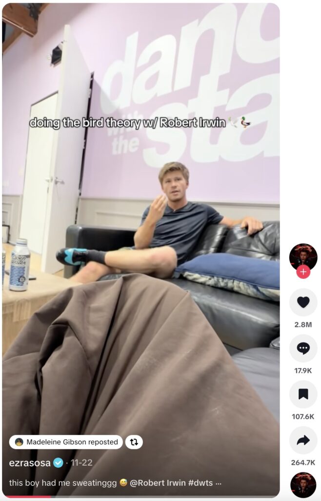 TikTok screenshot of Robert Irwin's viral Dancing With The Stars social video trend. 